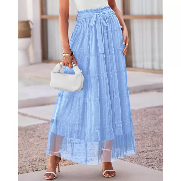 imageBTFBM Womens Skirts Party Cocktail 2024 Summer Fairy Skirt Elastic Waist Ruffle Tiered ALine Belt Tulle Maxi DressesSolid Light Blue