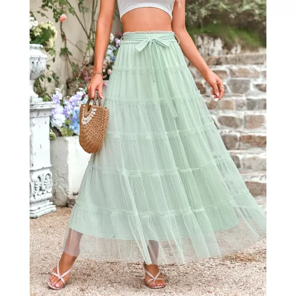 imageBTFBM Womens Skirts Party Cocktail 2024 Summer Fairy Skirt Elastic Waist Ruffle Tiered ALine Belt Tulle Maxi DressesSolid Light Green