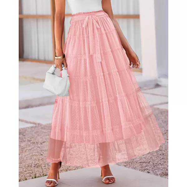 imageBTFBM Womens Skirts Party Cocktail 2024 Summer Fairy Skirt Elastic Waist Ruffle Tiered ALine Belt Tulle Maxi DressesSolid Pink