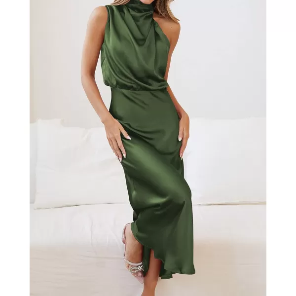 imageBTFBM Womens Sleeveless Cocktail Dresses Mock Neck Keyhole Elastic High Waist Wedding Guest Evening Party Maxi DressSolid Army Green