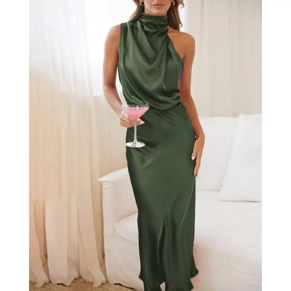 imageBTFBM Womens Sleeveless Cocktail Dresses Mock Neck Keyhole Elastic High Waist Wedding Guest Evening Party Maxi DressSolid Army Green
