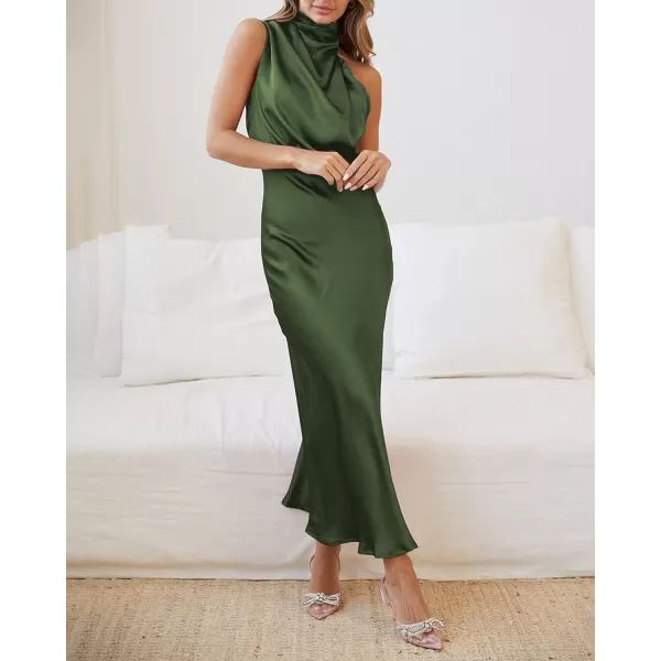 imageBTFBM Womens Sleeveless Cocktail Dresses Mock Neck Keyhole Elastic High Waist Wedding Guest Evening Party Maxi DressSolid Army Green