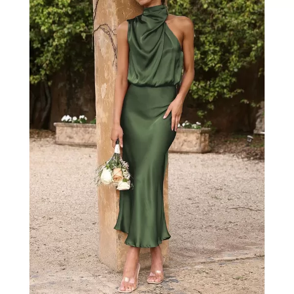 imageBTFBM Womens Sleeveless Cocktail Dresses Mock Neck Keyhole Elastic High Waist Wedding Guest Evening Party Maxi DressSolid Army Green