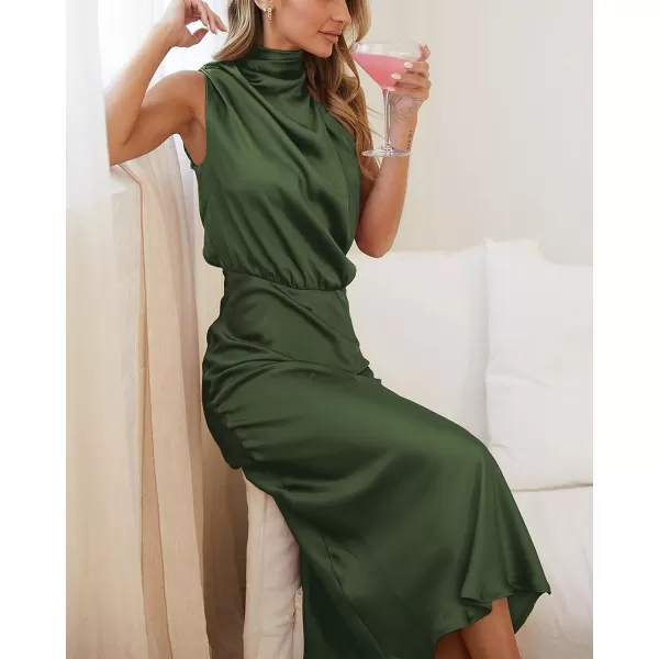 imageBTFBM Womens Sleeveless Cocktail Dresses Mock Neck Keyhole Elastic High Waist Wedding Guest Evening Party Maxi DressSolid Army Green