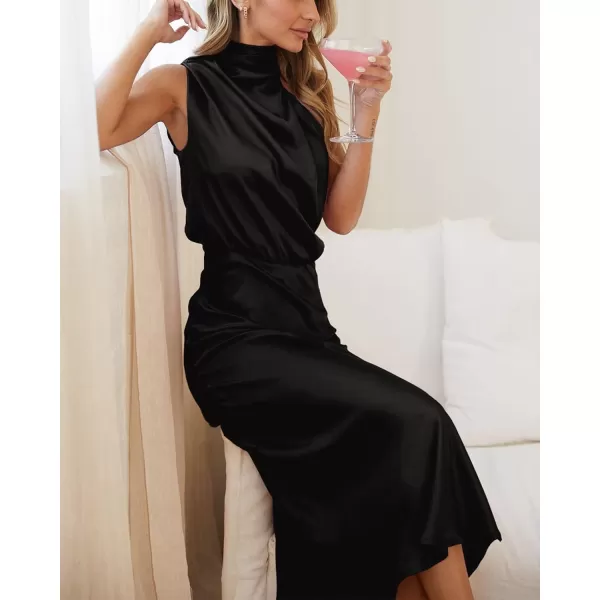 imageBTFBM Womens Sleeveless Cocktail Dresses Mock Neck Keyhole Elastic High Waist Wedding Guest Evening Party Maxi DressSolid Black