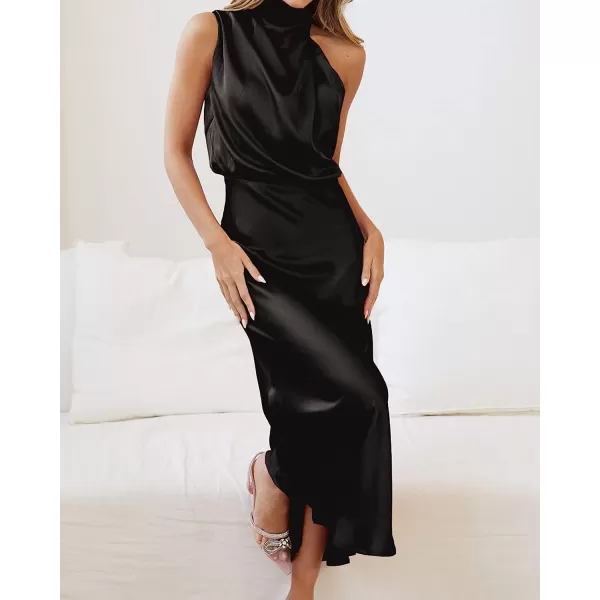 imageBTFBM Womens Sleeveless Cocktail Dresses Mock Neck Keyhole Elastic High Waist Wedding Guest Evening Party Maxi DressSolid Black