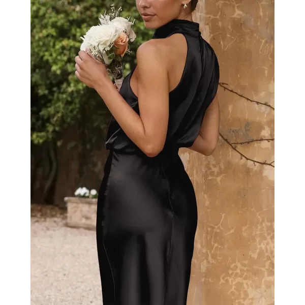 imageBTFBM Womens Sleeveless Cocktail Dresses Mock Neck Keyhole Elastic High Waist Wedding Guest Evening Party Maxi DressSolid Black