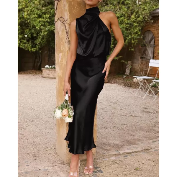 imageBTFBM Womens Sleeveless Cocktail Dresses Mock Neck Keyhole Elastic High Waist Wedding Guest Evening Party Maxi DressSolid Black