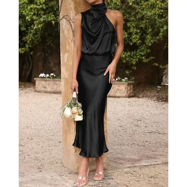 imageBTFBM Womens Sleeveless Cocktail Dresses Mock Neck Keyhole Elastic High Waist Wedding Guest Evening Party Maxi DressSolid Black