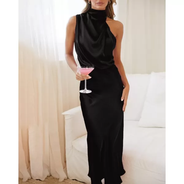 imageBTFBM Womens Sleeveless Cocktail Dresses Mock Neck Keyhole Elastic High Waist Wedding Guest Evening Party Maxi DressSolid Black