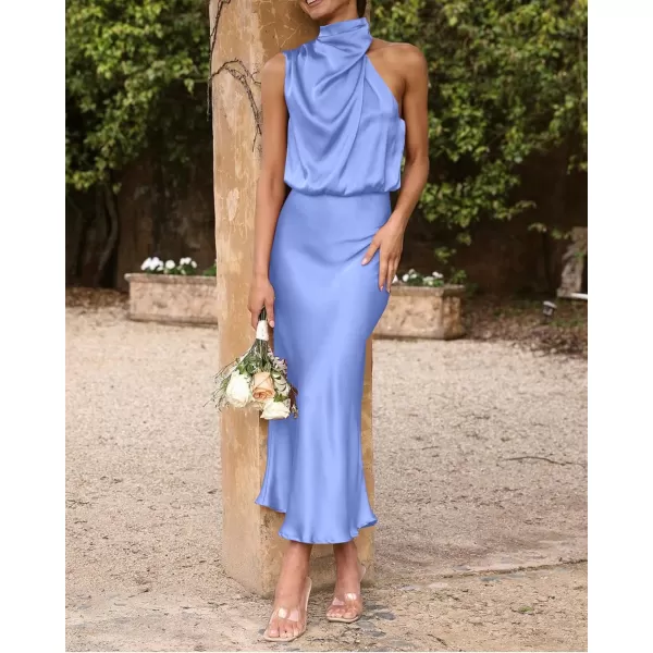 imageBTFBM Womens Sleeveless Cocktail Dresses Mock Neck Keyhole Elastic High Waist Wedding Guest Evening Party Maxi DressSolid Blue