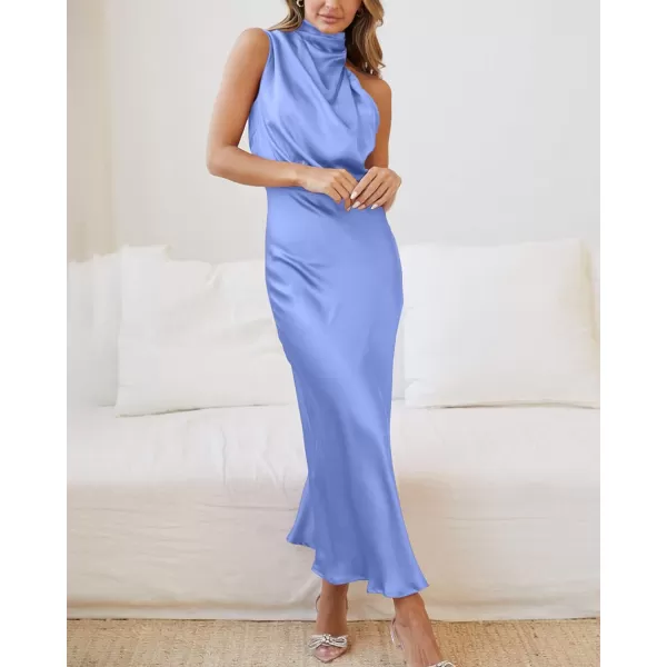 imageBTFBM Womens Sleeveless Cocktail Dresses Mock Neck Keyhole Elastic High Waist Wedding Guest Evening Party Maxi DressSolid Blue