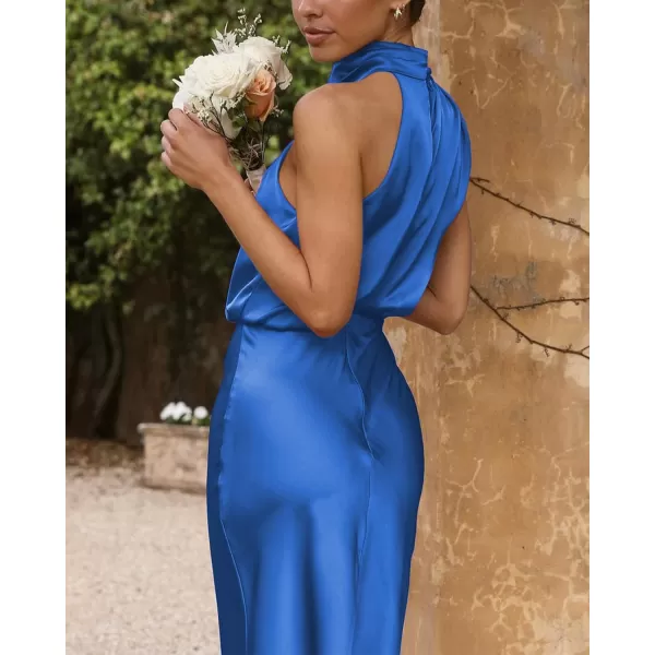 imageBTFBM Womens Sleeveless Cocktail Dresses Mock Neck Keyhole Elastic High Waist Wedding Guest Evening Party Maxi DressSolid Brilliant Blue