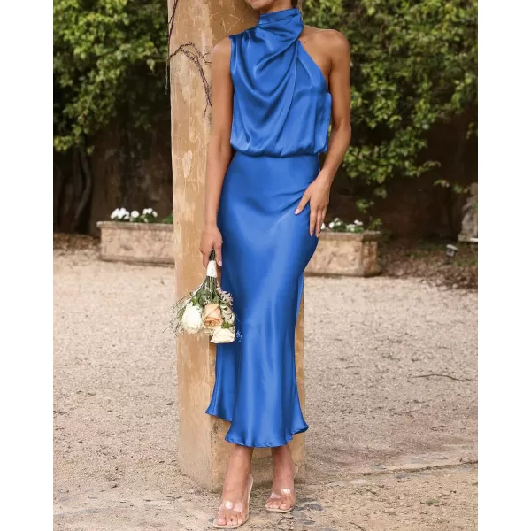 imageBTFBM Womens Sleeveless Cocktail Dresses Mock Neck Keyhole Elastic High Waist Wedding Guest Evening Party Maxi DressSolid Brilliant Blue