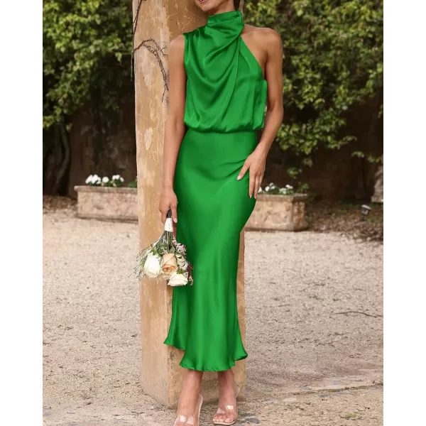imageBTFBM Womens Sleeveless Cocktail Dresses Mock Neck Keyhole Elastic High Waist Wedding Guest Evening Party Maxi DressSolid Brilliant Green