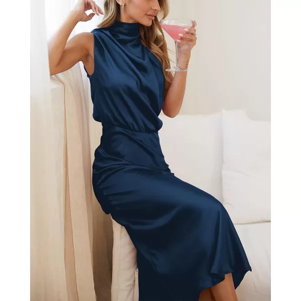 imageBTFBM Womens Sleeveless Cocktail Dresses Mock Neck Keyhole Elastic High Waist Wedding Guest Evening Party Maxi DressSolid Dark Blue