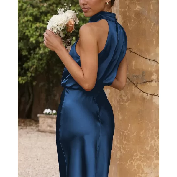 imageBTFBM Womens Sleeveless Cocktail Dresses Mock Neck Keyhole Elastic High Waist Wedding Guest Evening Party Maxi DressSolid Dark Blue
