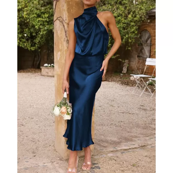 imageBTFBM Womens Sleeveless Cocktail Dresses Mock Neck Keyhole Elastic High Waist Wedding Guest Evening Party Maxi DressSolid Dark Blue