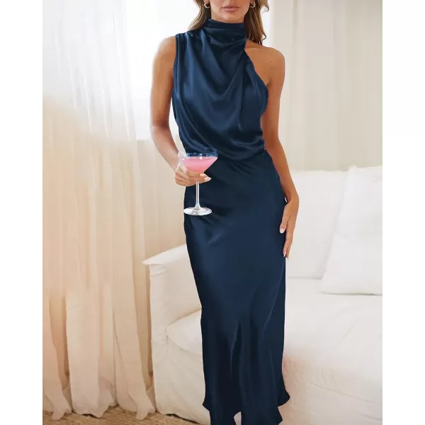 imageBTFBM Womens Sleeveless Cocktail Dresses Mock Neck Keyhole Elastic High Waist Wedding Guest Evening Party Maxi DressSolid Dark Blue