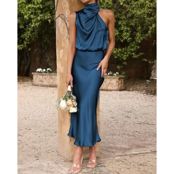 imageBTFBM Womens Sleeveless Cocktail Dresses Mock Neck Keyhole Elastic High Waist Wedding Guest Evening Party Maxi DressSolid Dark Blue