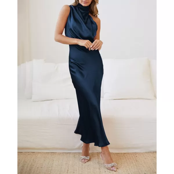 imageBTFBM Womens Sleeveless Cocktail Dresses Mock Neck Keyhole Elastic High Waist Wedding Guest Evening Party Maxi DressSolid Dark Blue