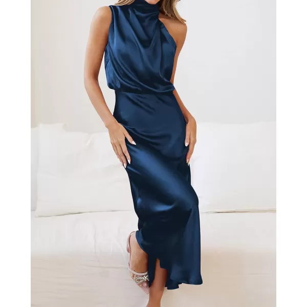 imageBTFBM Womens Sleeveless Cocktail Dresses Mock Neck Keyhole Elastic High Waist Wedding Guest Evening Party Maxi DressSolid Dark Blue