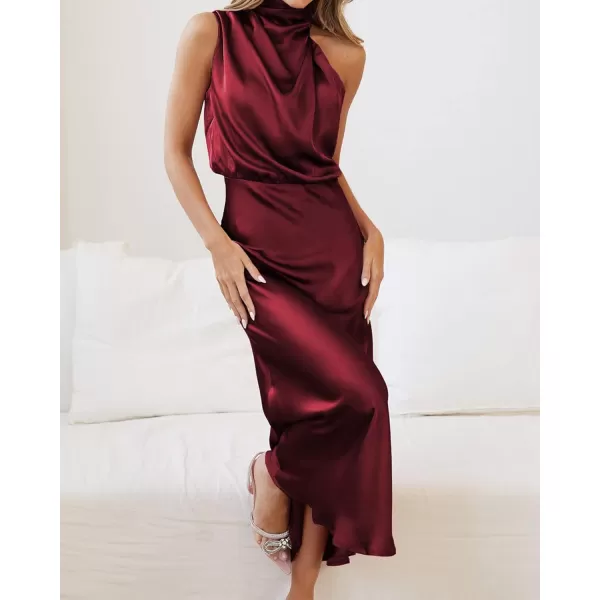 imageBTFBM Womens Sleeveless Cocktail Dresses Mock Neck Keyhole Elastic High Waist Wedding Guest Evening Party Maxi DressSolid Deep Red