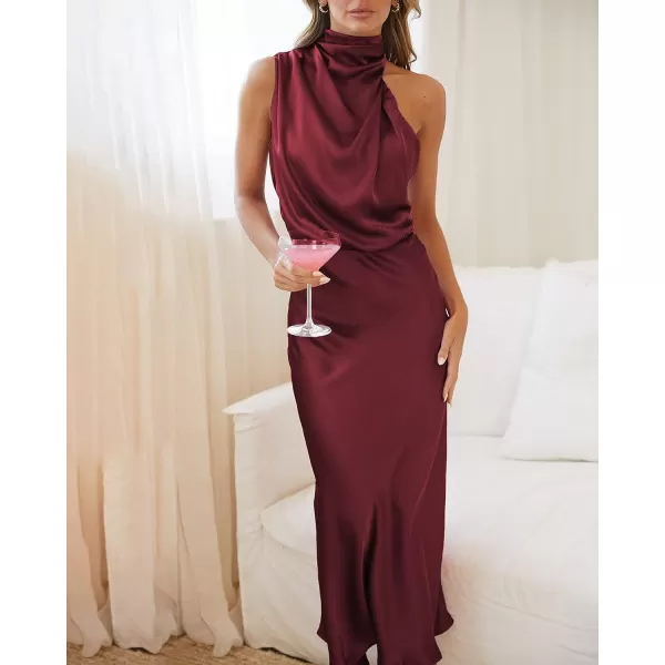 imageBTFBM Womens Sleeveless Cocktail Dresses Mock Neck Keyhole Elastic High Waist Wedding Guest Evening Party Maxi DressSolid Deep Red