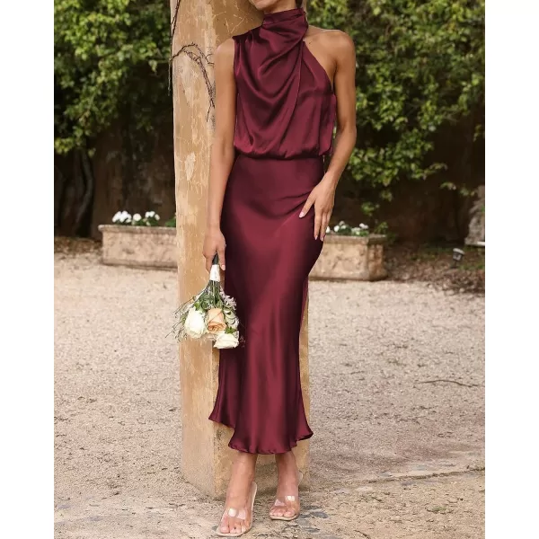 imageBTFBM Womens Sleeveless Cocktail Dresses Mock Neck Keyhole Elastic High Waist Wedding Guest Evening Party Maxi DressSolid Deep Red