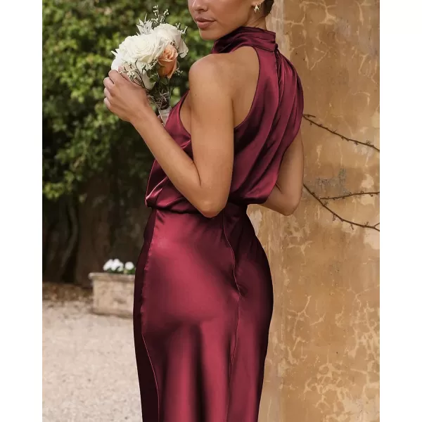 imageBTFBM Womens Sleeveless Cocktail Dresses Mock Neck Keyhole Elastic High Waist Wedding Guest Evening Party Maxi DressSolid Deep Red