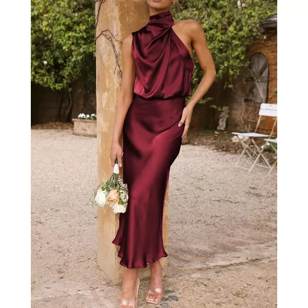 imageBTFBM Womens Sleeveless Cocktail Dresses Mock Neck Keyhole Elastic High Waist Wedding Guest Evening Party Maxi DressSolid Deep Red
