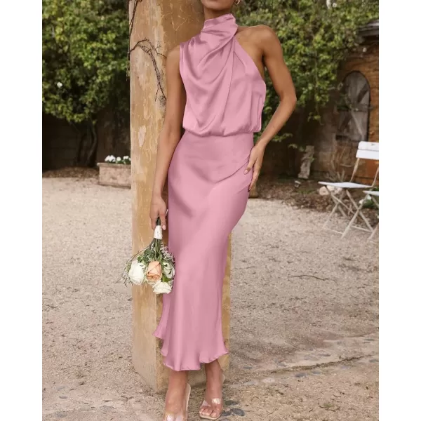 imageBTFBM Womens Sleeveless Cocktail Dresses Mock Neck Keyhole Elastic High Waist Wedding Guest Evening Party Maxi DressSolid Dusty Pink