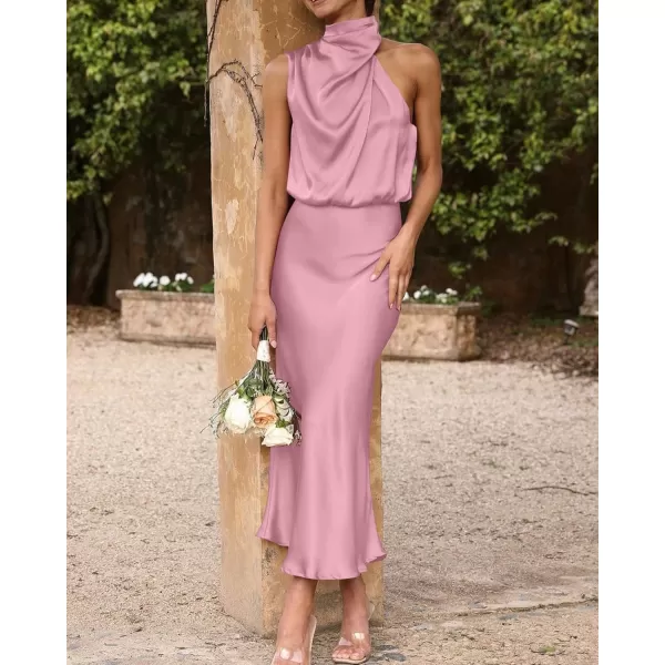 imageBTFBM Womens Sleeveless Cocktail Dresses Mock Neck Keyhole Elastic High Waist Wedding Guest Evening Party Maxi DressSolid Dusty Pink