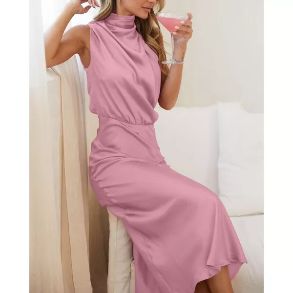 imageBTFBM Womens Sleeveless Cocktail Dresses Mock Neck Keyhole Elastic High Waist Wedding Guest Evening Party Maxi DressSolid Dusty Pink