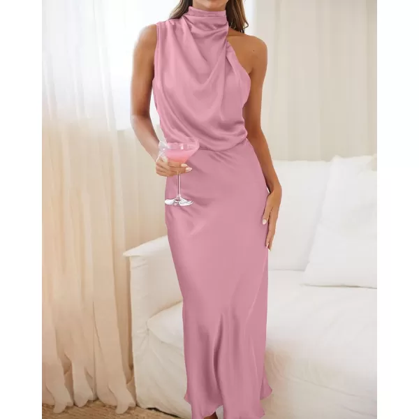 imageBTFBM Womens Sleeveless Cocktail Dresses Mock Neck Keyhole Elastic High Waist Wedding Guest Evening Party Maxi DressSolid Dusty Pink