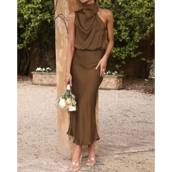 imageBTFBM Womens Sleeveless Cocktail Dresses Mock Neck Keyhole Elastic High Waist Wedding Guest Evening Party Maxi DressSolid Khaki