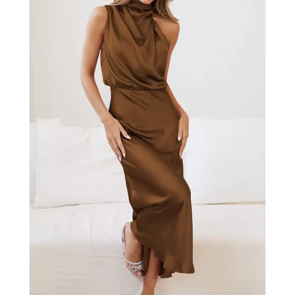 imageBTFBM Womens Sleeveless Cocktail Dresses Mock Neck Keyhole Elastic High Waist Wedding Guest Evening Party Maxi DressSolid Khaki