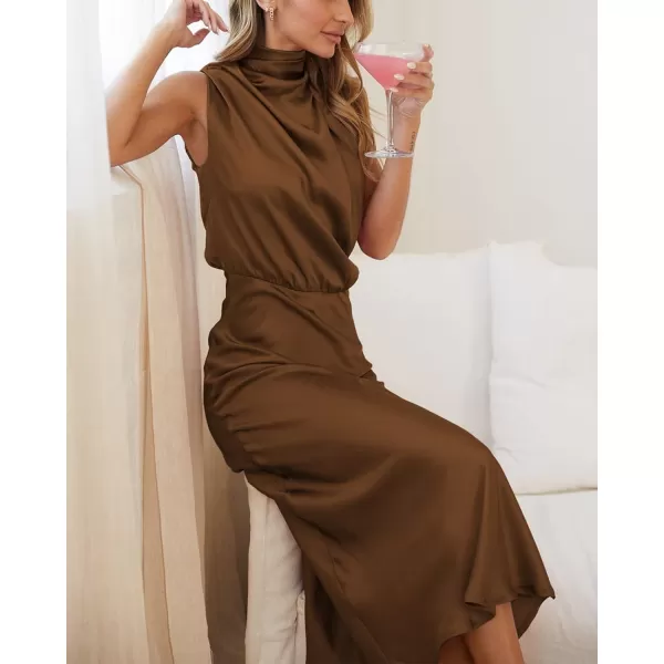 imageBTFBM Womens Sleeveless Cocktail Dresses Mock Neck Keyhole Elastic High Waist Wedding Guest Evening Party Maxi DressSolid Khaki