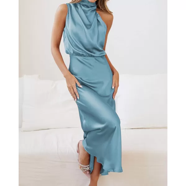 imageBTFBM Womens Sleeveless Cocktail Dresses Mock Neck Keyhole Elastic High Waist Wedding Guest Evening Party Maxi DressSolid Light Blue