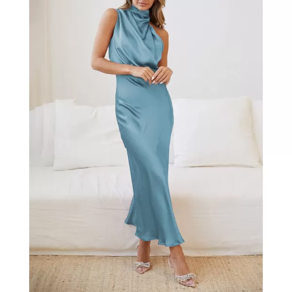 imageBTFBM Womens Sleeveless Cocktail Dresses Mock Neck Keyhole Elastic High Waist Wedding Guest Evening Party Maxi DressSolid Light Blue