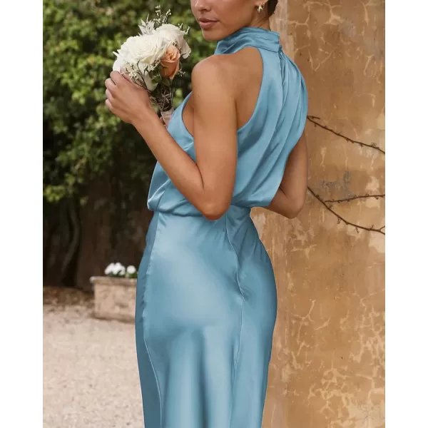 imageBTFBM Womens Sleeveless Cocktail Dresses Mock Neck Keyhole Elastic High Waist Wedding Guest Evening Party Maxi DressSolid Light Blue