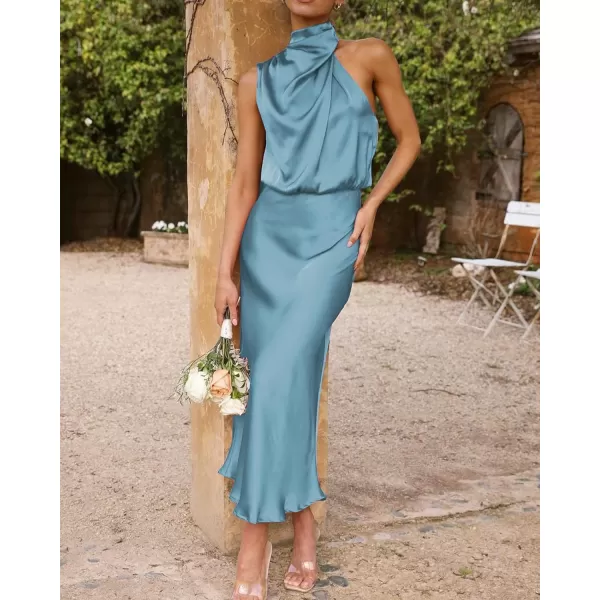 imageBTFBM Womens Sleeveless Cocktail Dresses Mock Neck Keyhole Elastic High Waist Wedding Guest Evening Party Maxi DressSolid Light Blue