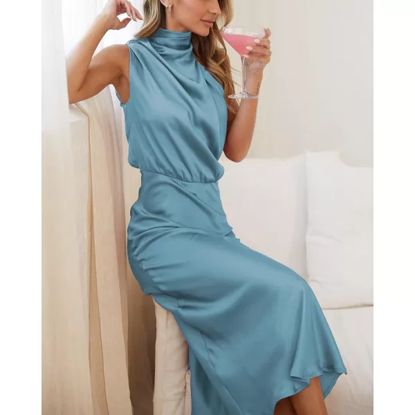 imageBTFBM Womens Sleeveless Cocktail Dresses Mock Neck Keyhole Elastic High Waist Wedding Guest Evening Party Maxi DressSolid Light Blue