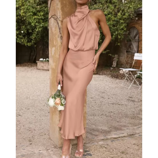 imageBTFBM Womens Sleeveless Cocktail Dresses Mock Neck Keyhole Elastic High Waist Wedding Guest Evening Party Maxi DressSolid Light Khaki