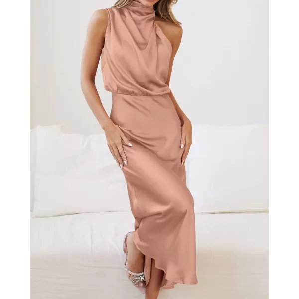 imageBTFBM Womens Sleeveless Cocktail Dresses Mock Neck Keyhole Elastic High Waist Wedding Guest Evening Party Maxi DressSolid Light Khaki