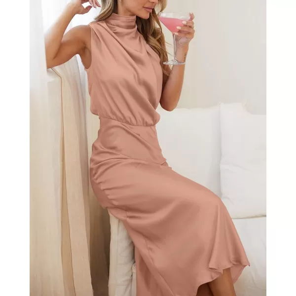 imageBTFBM Womens Sleeveless Cocktail Dresses Mock Neck Keyhole Elastic High Waist Wedding Guest Evening Party Maxi DressSolid Light Khaki