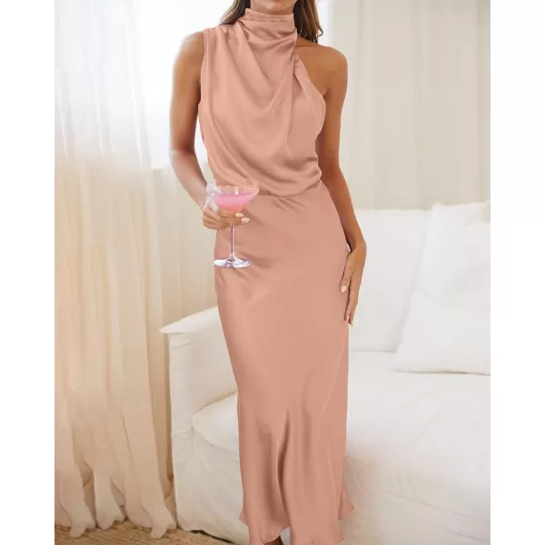 imageBTFBM Womens Sleeveless Cocktail Dresses Mock Neck Keyhole Elastic High Waist Wedding Guest Evening Party Maxi DressSolid Light Khaki