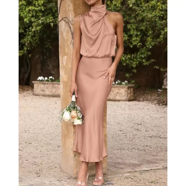 imageBTFBM Womens Sleeveless Cocktail Dresses Mock Neck Keyhole Elastic High Waist Wedding Guest Evening Party Maxi DressSolid Light Khaki