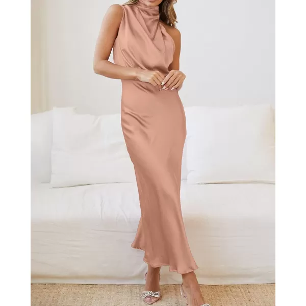 imageBTFBM Womens Sleeveless Cocktail Dresses Mock Neck Keyhole Elastic High Waist Wedding Guest Evening Party Maxi DressSolid Light Khaki