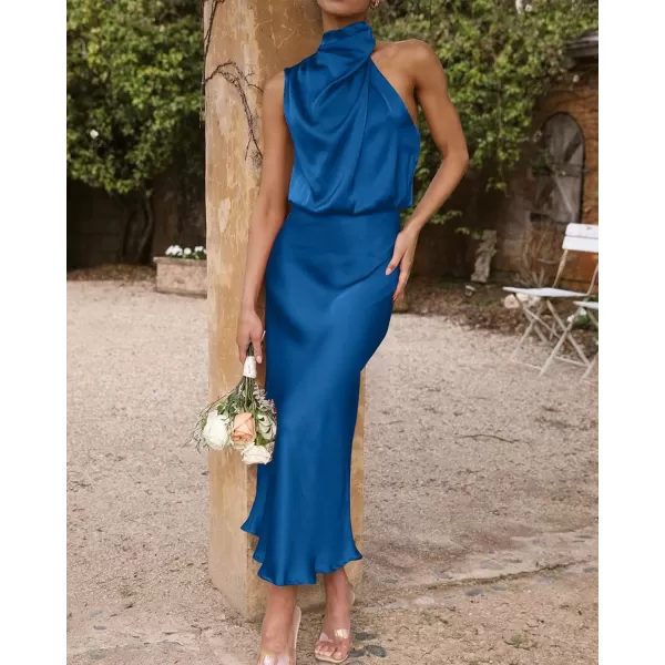 imageBTFBM Womens Sleeveless Cocktail Dresses Mock Neck Keyhole Elastic High Waist Wedding Guest Evening Party Maxi DressSolid Navy
